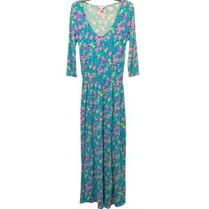 Lilly Pulitzer Floral Maxi Dress Scoop Neck 3/4 Sleeves Green Blue Large